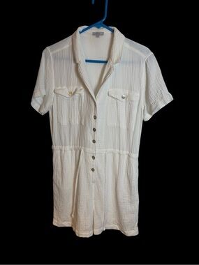 Rails Dakota White Button-Front Collared Romper Pockets Drawstring Size M